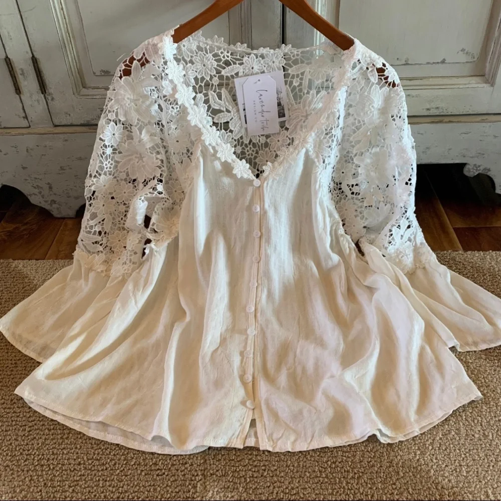 New White Cotton Lace 3/4 Sleeve Button Front Floral Romantic Blouse Top Boho - Picture 4 of 7